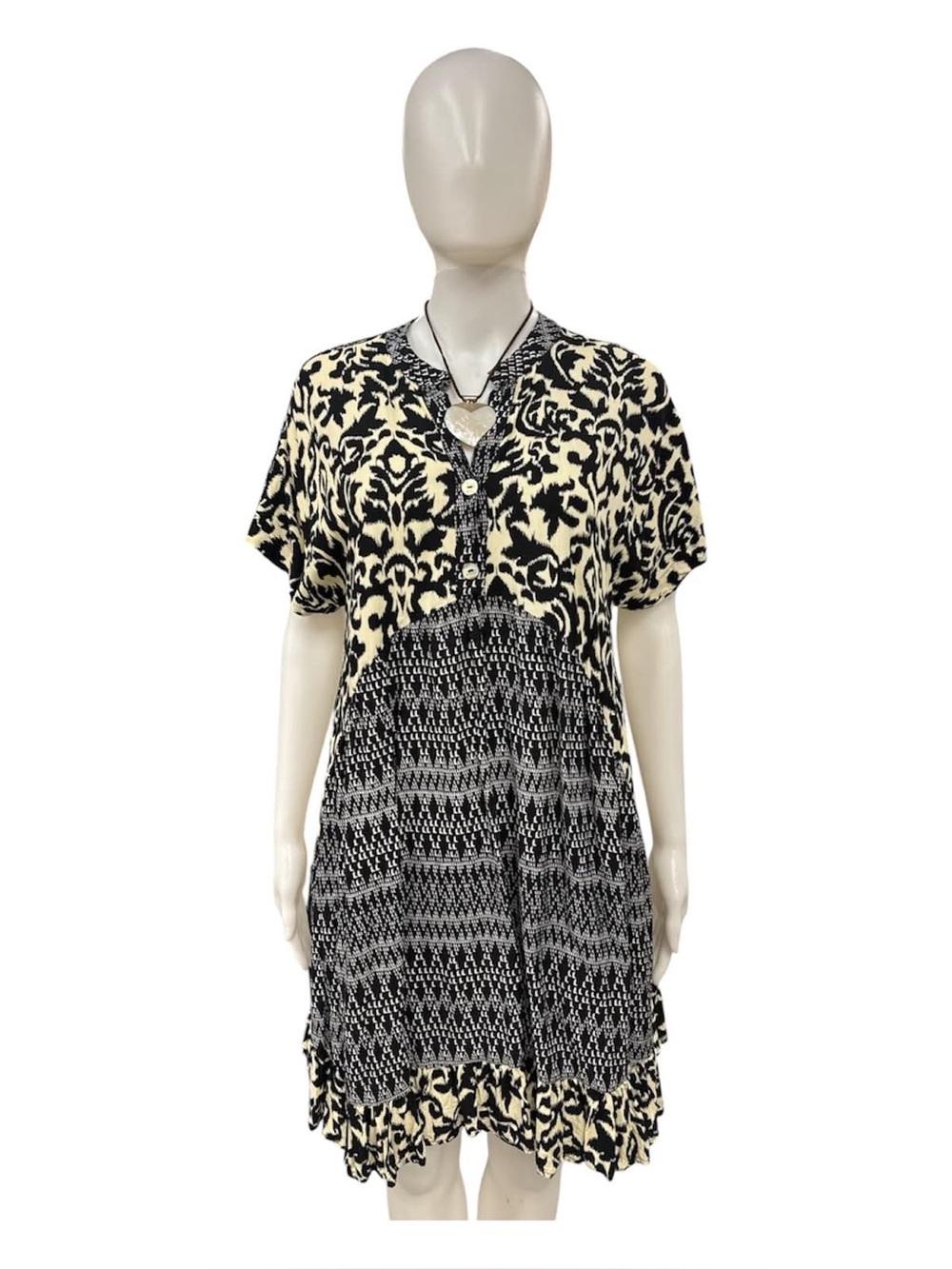 Shannon Passero Black and Cream Patterned V-Neck Short Sleeve Dress Size M